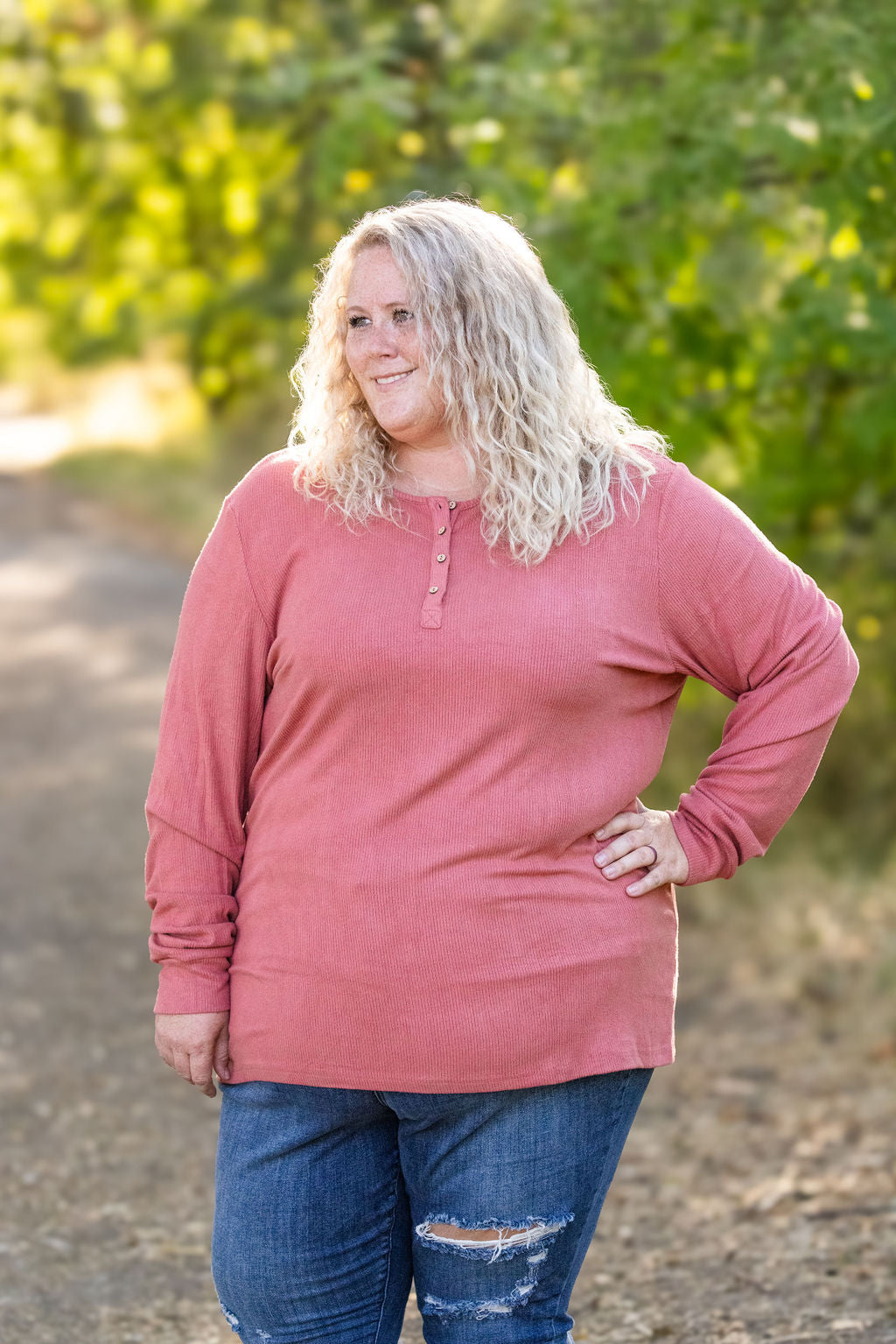 IN STOCK Brielle Henley Ribbed Long Sleeve - Terra Cotta