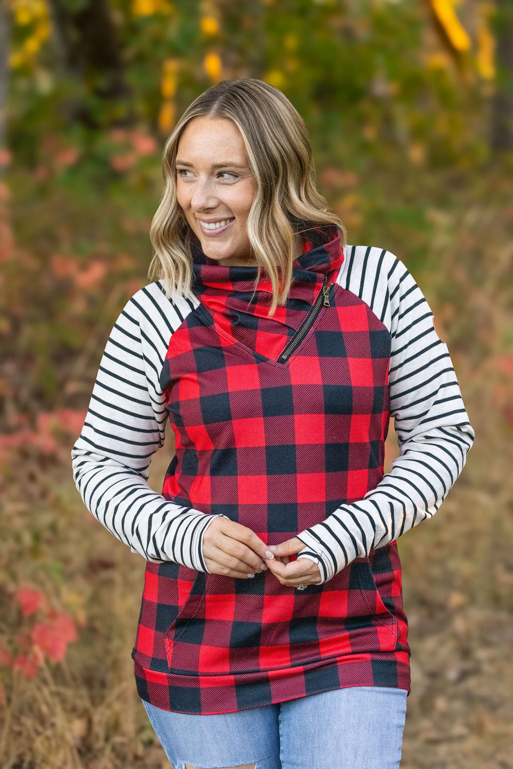 IN STOCK Zoey ZipCowl - Buffalo Plaid and Oatmeal Stripes