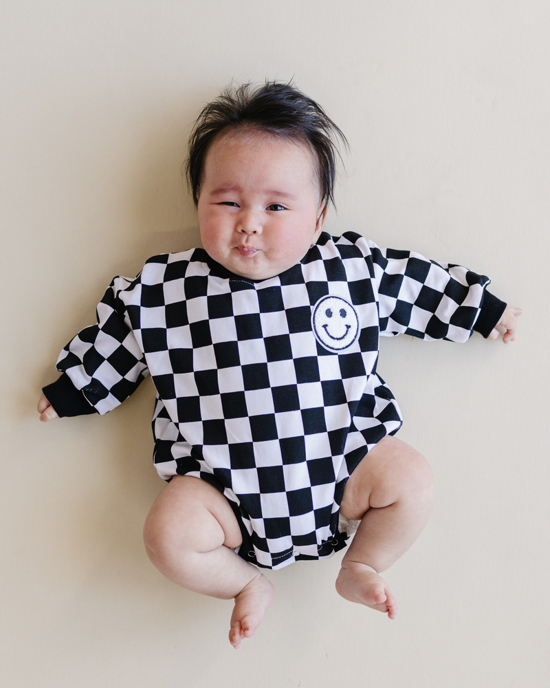 Bubble Romper | Checkered Smiley Black