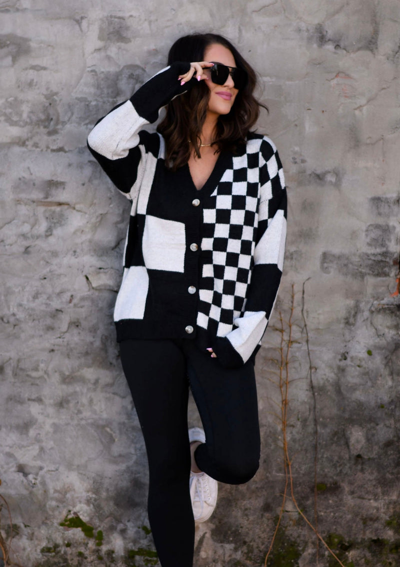 **Pre-Order** Black & White Checkered Cardigan