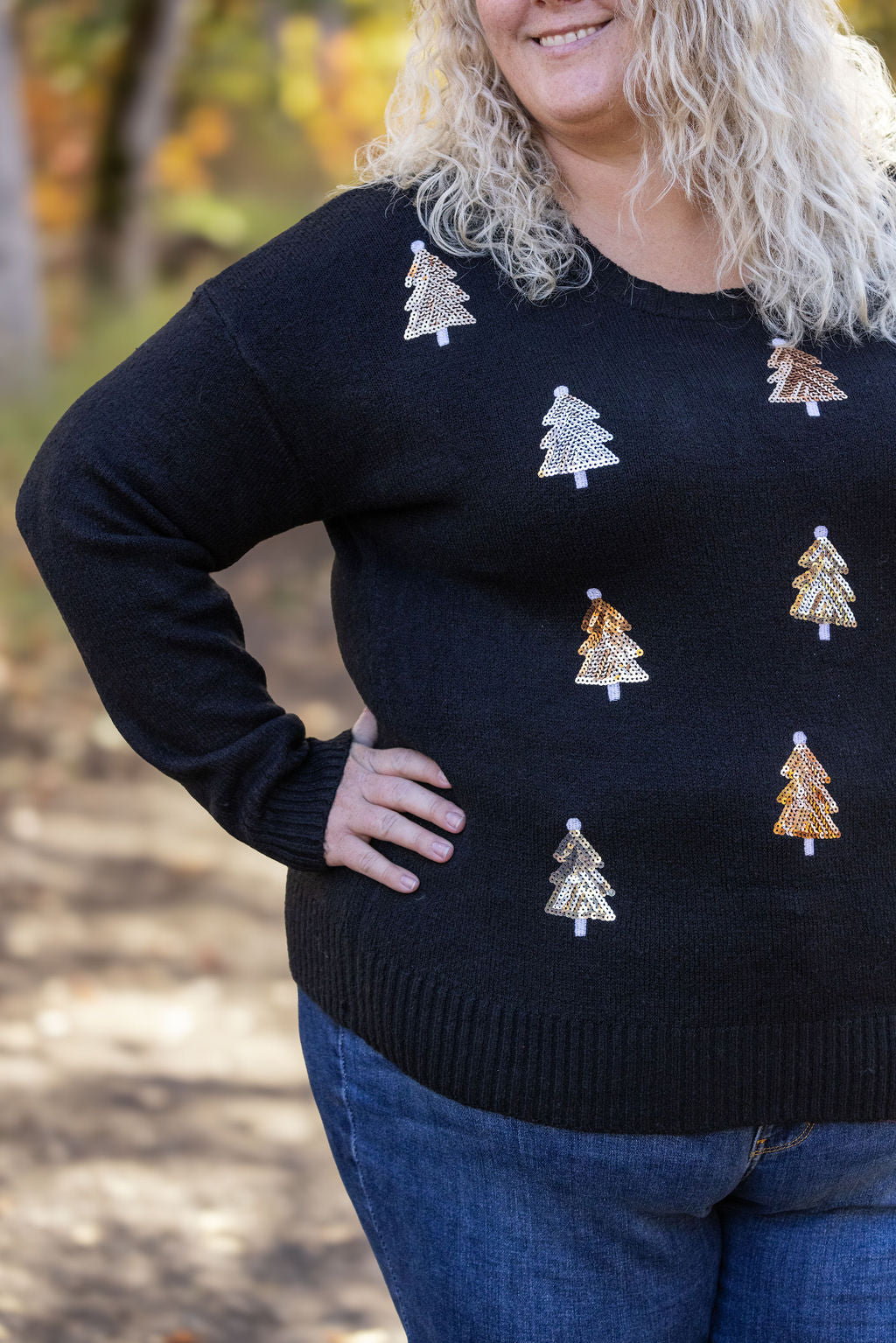 IN STOCK Holly Jolly Sweater - Gold + Silver Trees