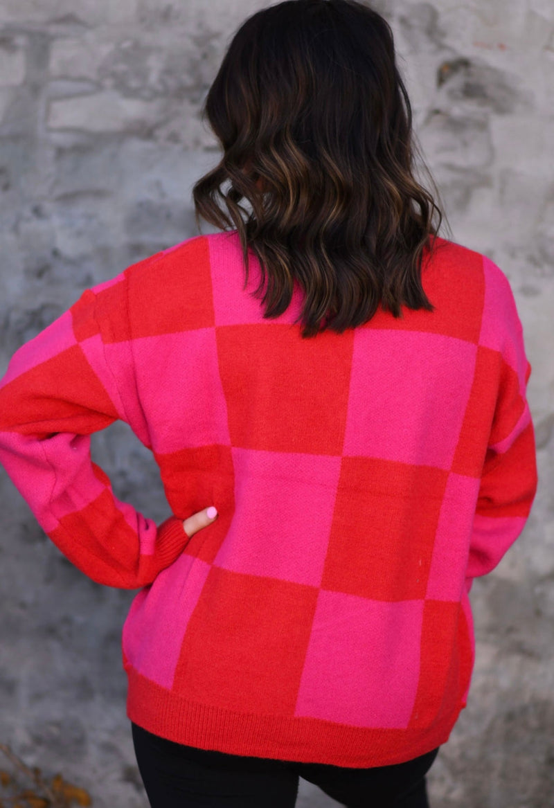 **Pre-Order** Pink & Red Checkered Cardigan