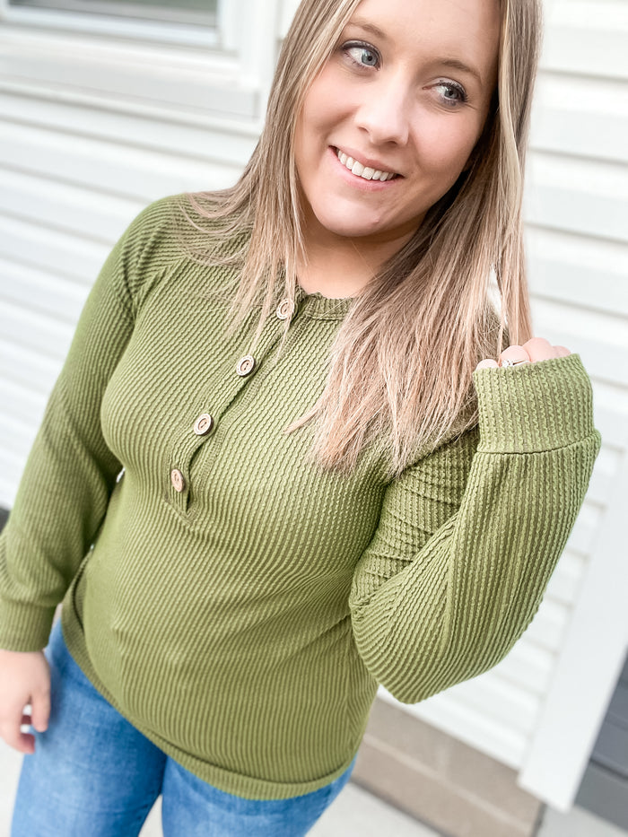 Olive Ribbed Long Sleeve with Buttons - Mack and Mav Boutique 