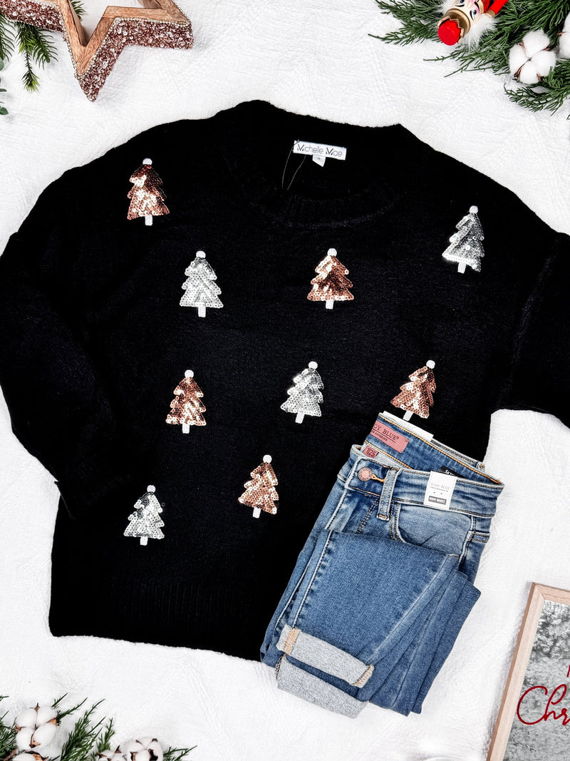 IN STOCK Holly Jolly Sweater - Gold + Silver Trees