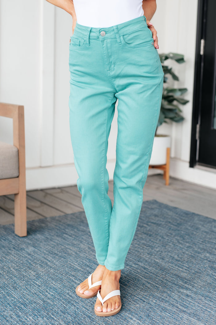 Bridgette High Rise Garment Dyed Slim Jeans in Aquamarine - Mack and Mav Boutique 