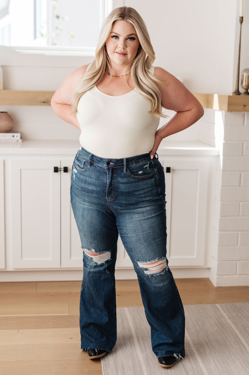 Cassandra High Rise Control Top Distressed Flare Jeans - Mack and Mav Boutique 