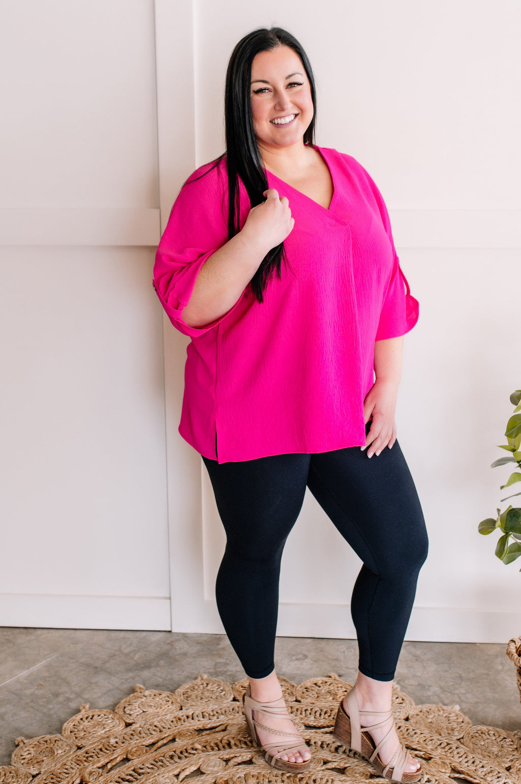3.29 Pleated Blouse With Button Sleeve Detail In Hot Pink