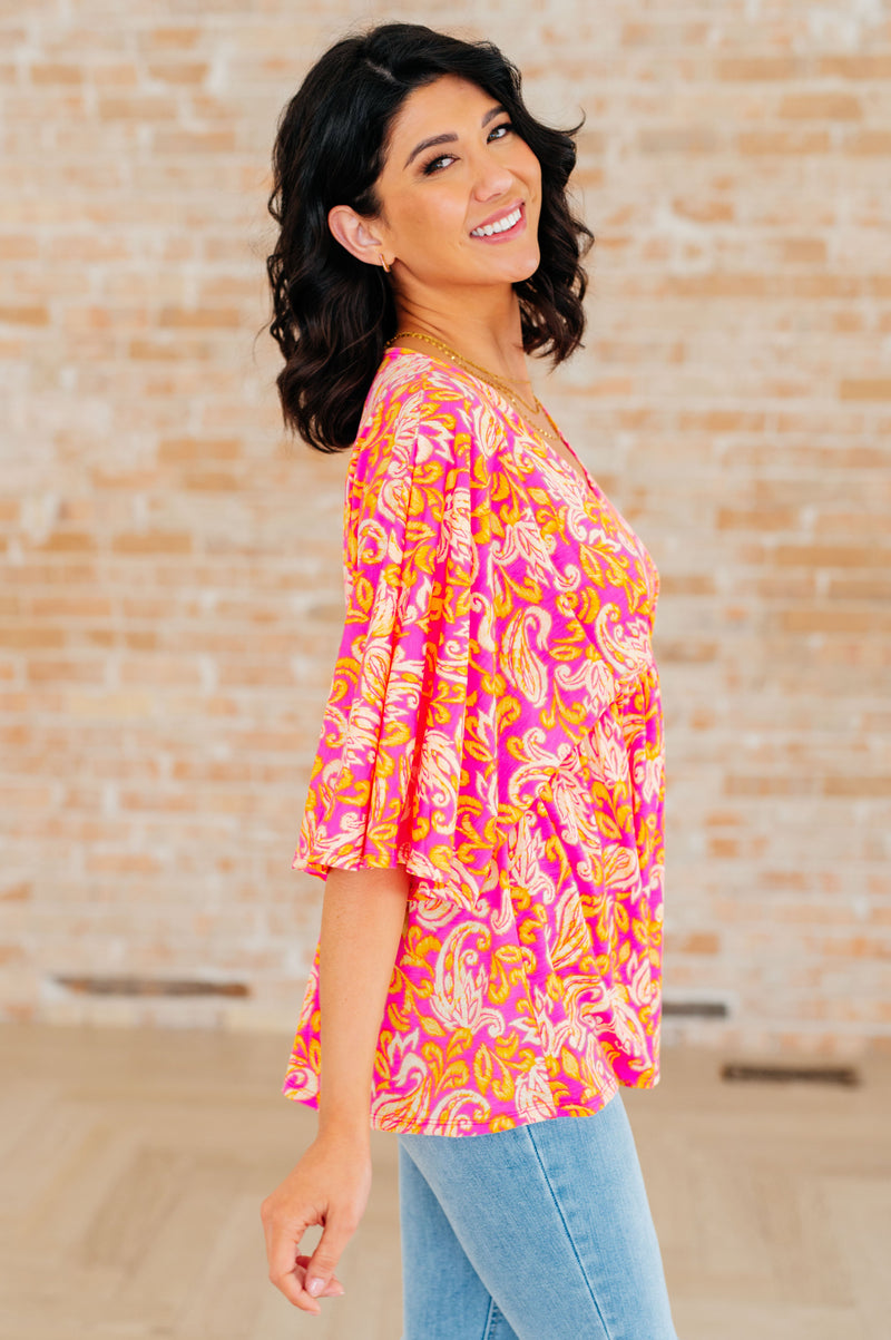 Dreamer Peplum Top in Pink Filigree - Mack and Mav Boutique 