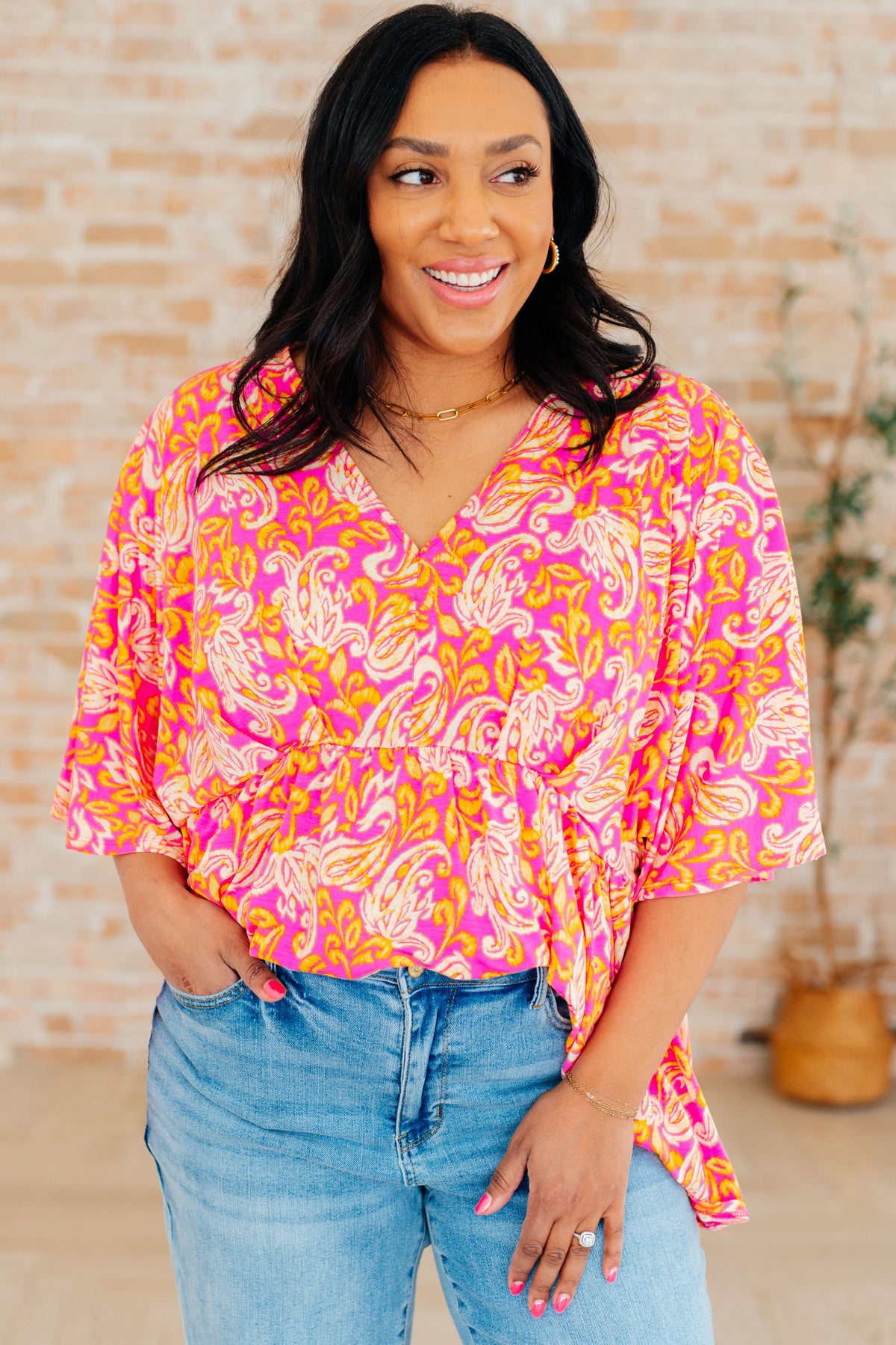 Dreamer Peplum Top in Pink Filigree - Mack and Mav Boutique 