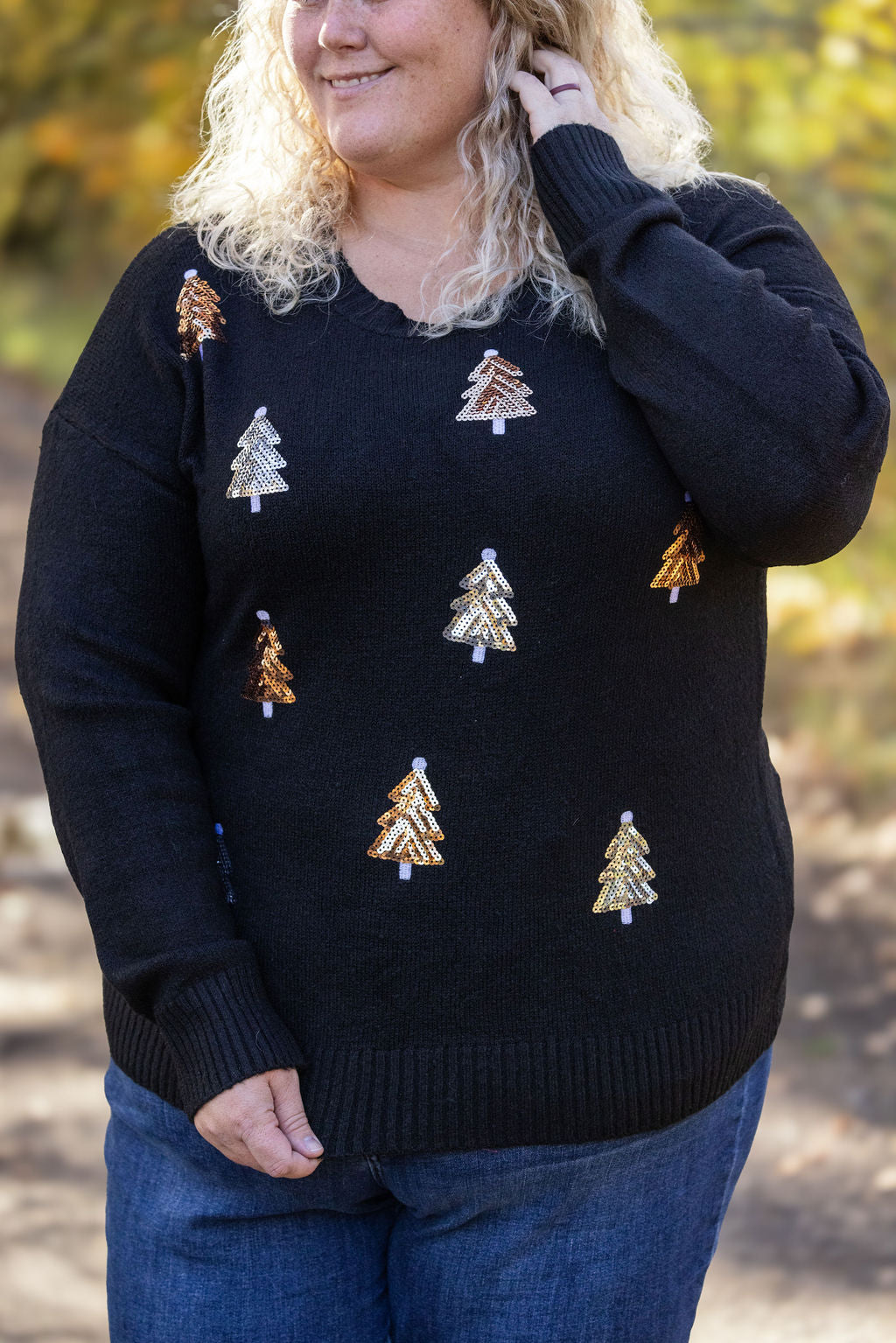 IN STOCK Holly Jolly Sweater - Gold + Silver Trees