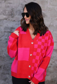 **Pre-Order** Pink & Red Checkered Cardigan