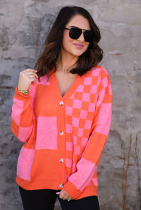 **Pre-Order** Pink & Orange Checkered Cardigan