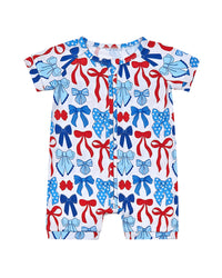 Bamboo Shorty Romper  | Red-White & Bows