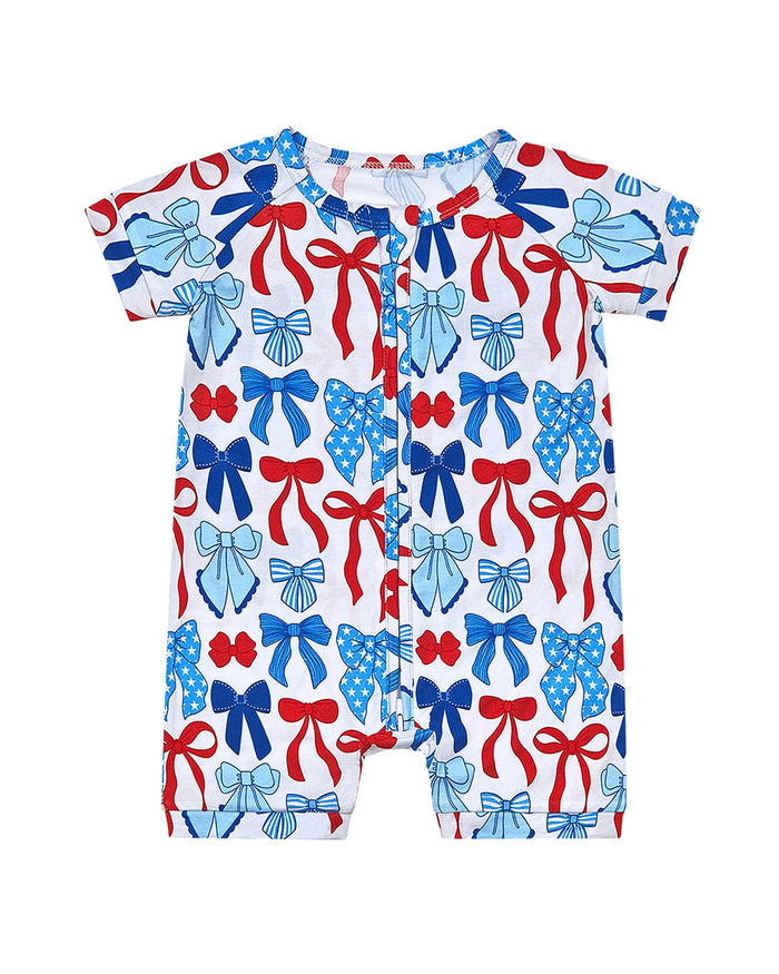 Bamboo Shorty Romper  | Red-White & Bows