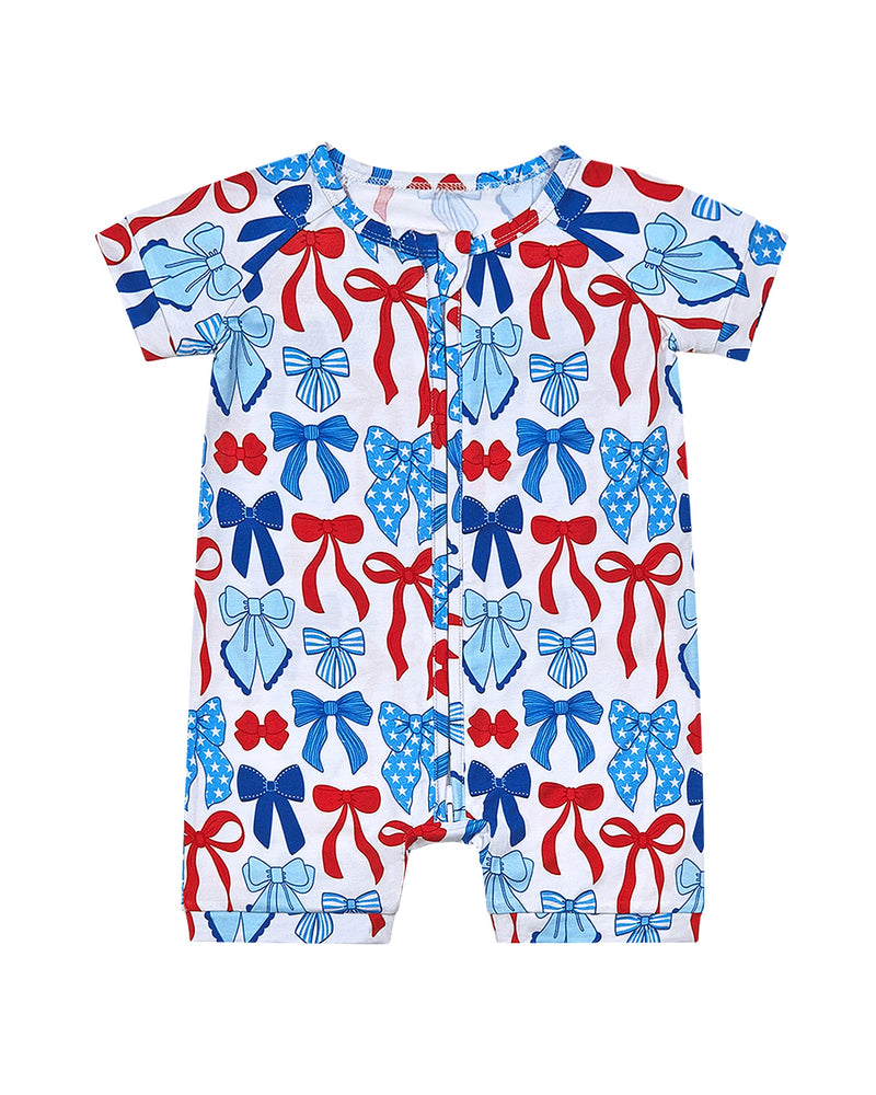 Bamboo Shorty Romper  | Red-White & Bows
