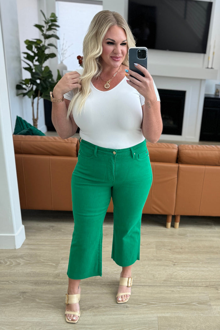 Lisa High Rise Control Top Wide Leg Crop Jeans in Kelly Green - Mack and Mav Boutique 