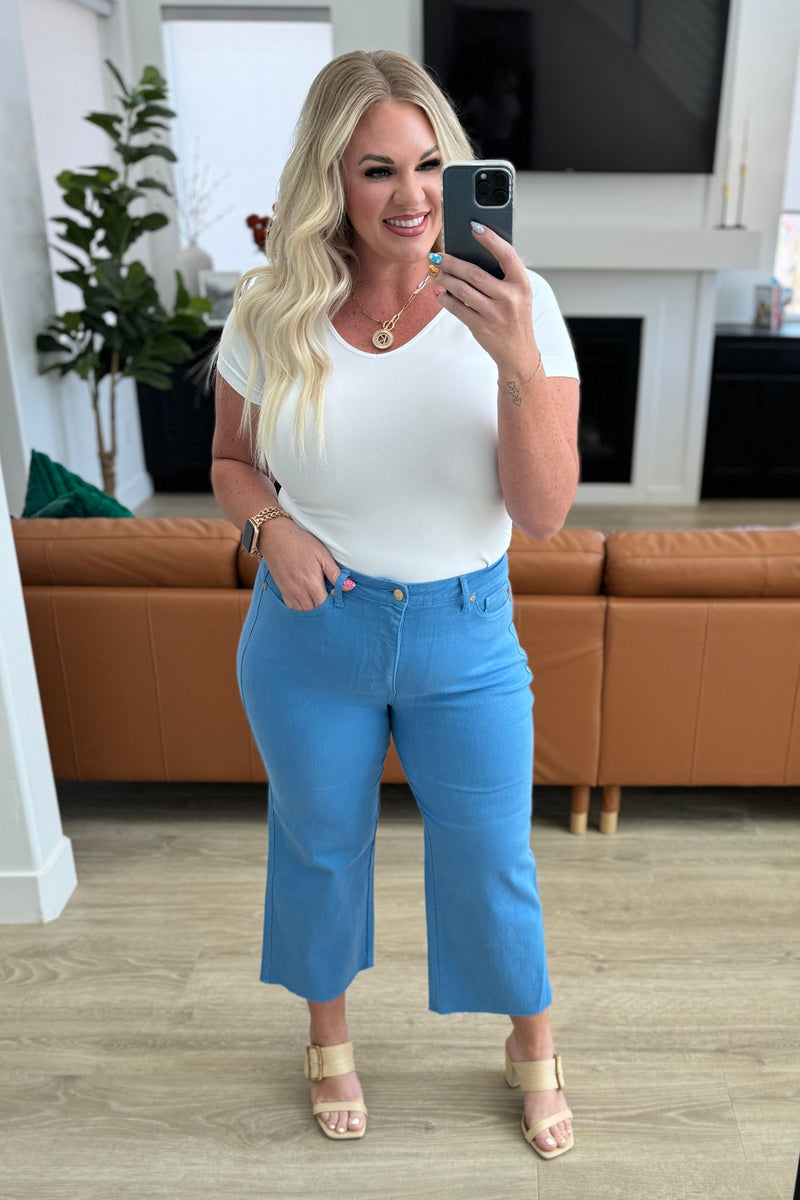 Lisa High Rise Control Top Wide Leg Crop Jeans in Sky Blue - Mack and Mav Boutique 