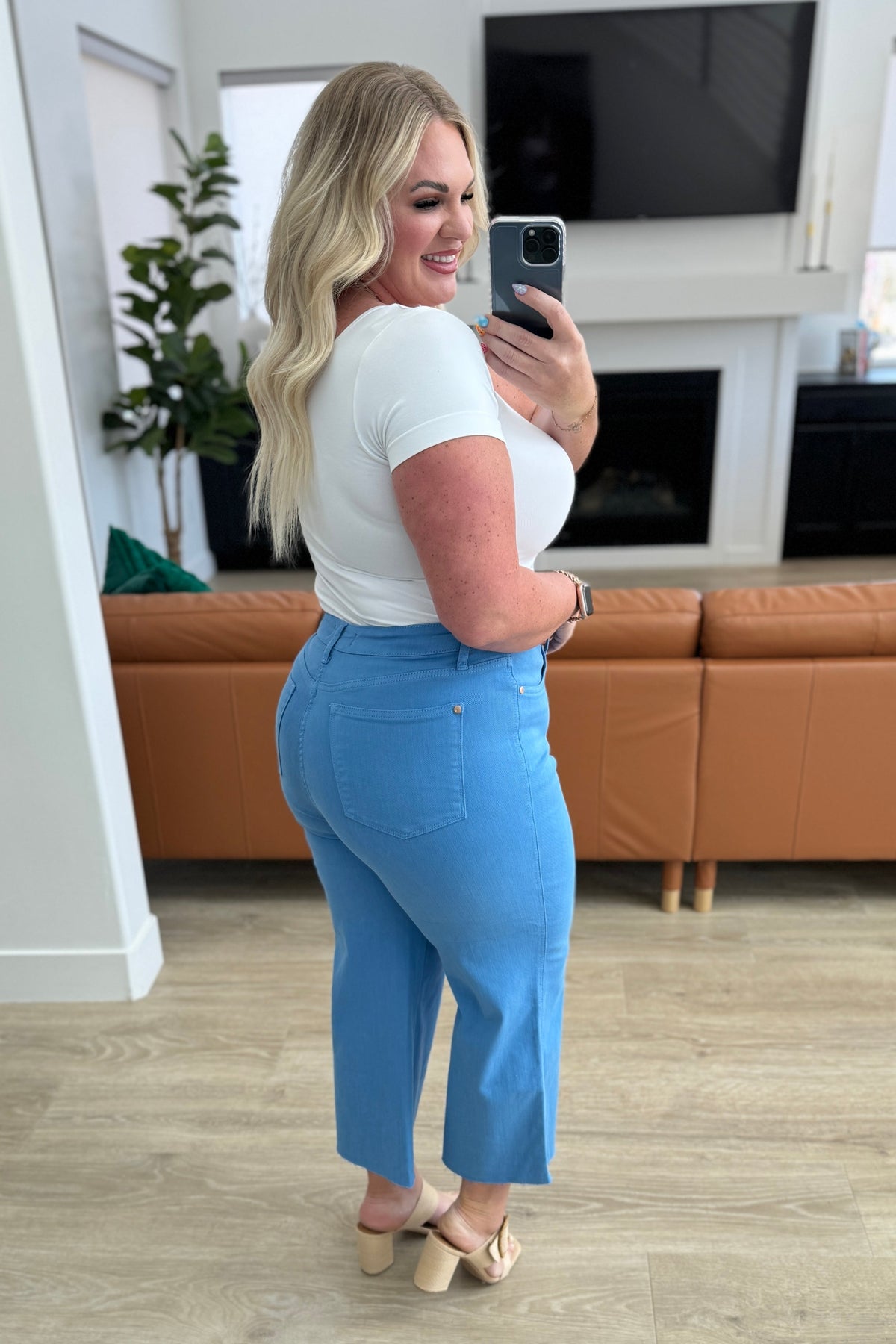 Lisa High Rise Control Top Wide Leg Crop Jeans in Sky Blue - Mack and Mav Boutique 