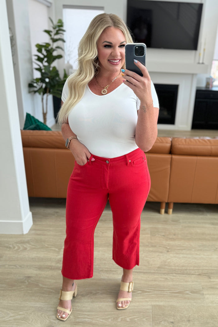 Lisa High Rise Control Top Wide Leg Crop Jeans in Red - Mack and Mav Boutique 