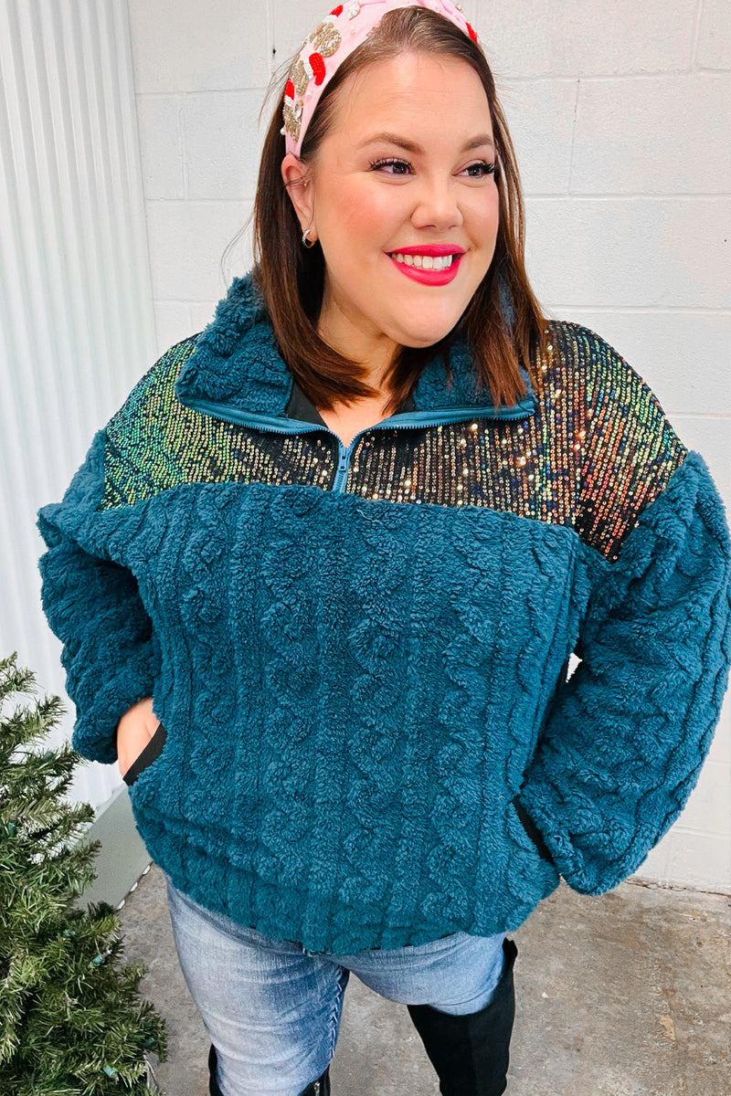 Going With You Teal Sequin & Sherpa Half Zip Pullover