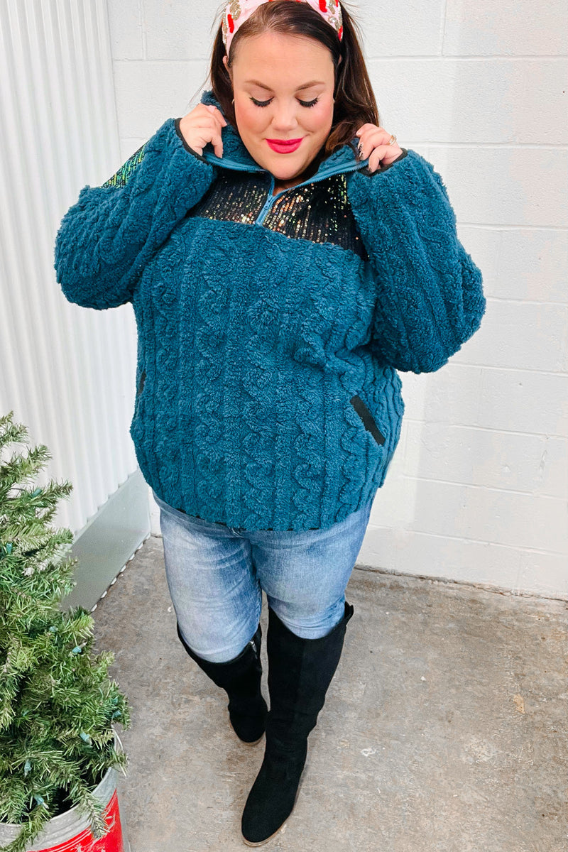 Going With You Teal Sequin & Sherpa Half Zip Pullover