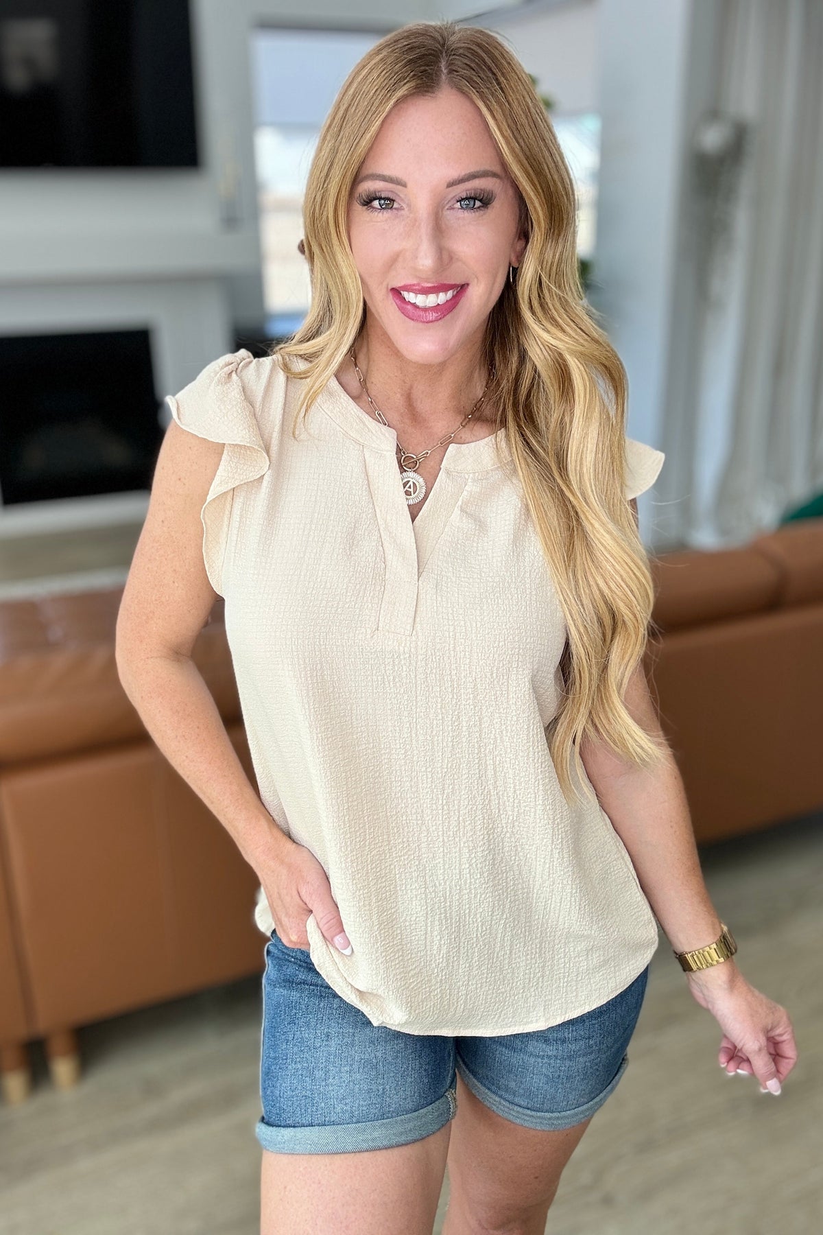 Crinkle Split Neckline Flutter Sleeve Top in Taupe - Mack and Mav Boutique 