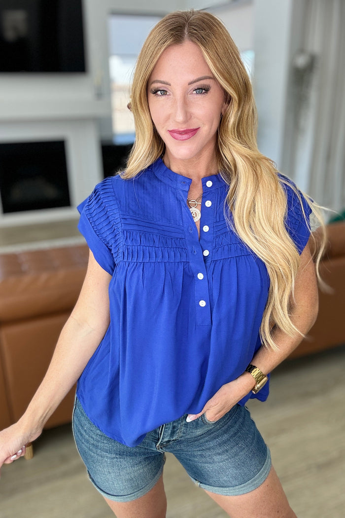 Pleat Detail Button Up Blouse in Royal Blue - Mack and Mav Boutique 