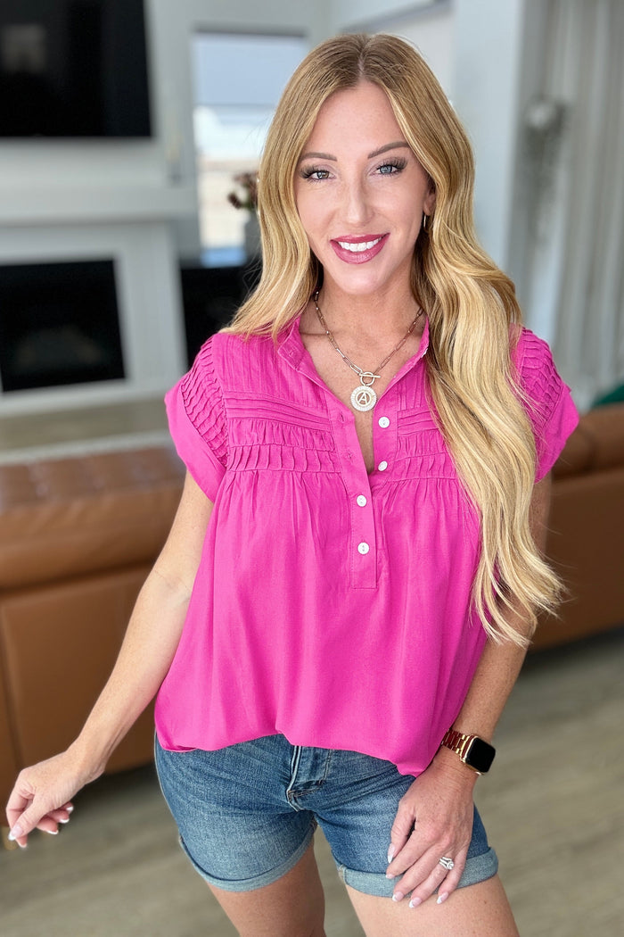 Pleat Detail Button Up Blouse in Hot Pink - Mack and Mav Boutique 