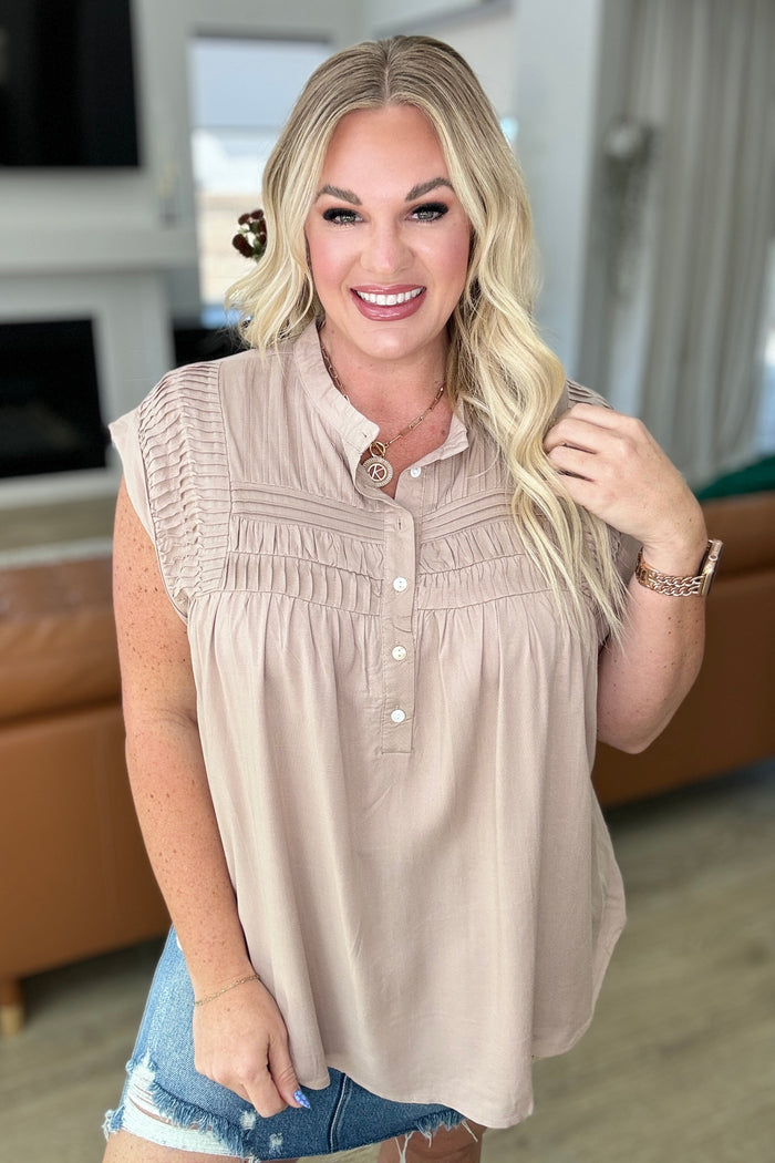 Pleat Detail Button Up Blouse in Taupe - Mack and Mav Boutique 