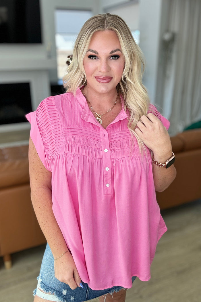 Pleat Detail Button Up Blouse in Pink Cosmos - Mack and Mav Boutique 