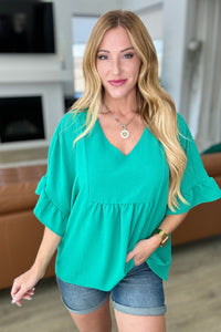 Airflow Peplum Ruffle Sleeve Top in Emerald - Mack and Mav Boutique 