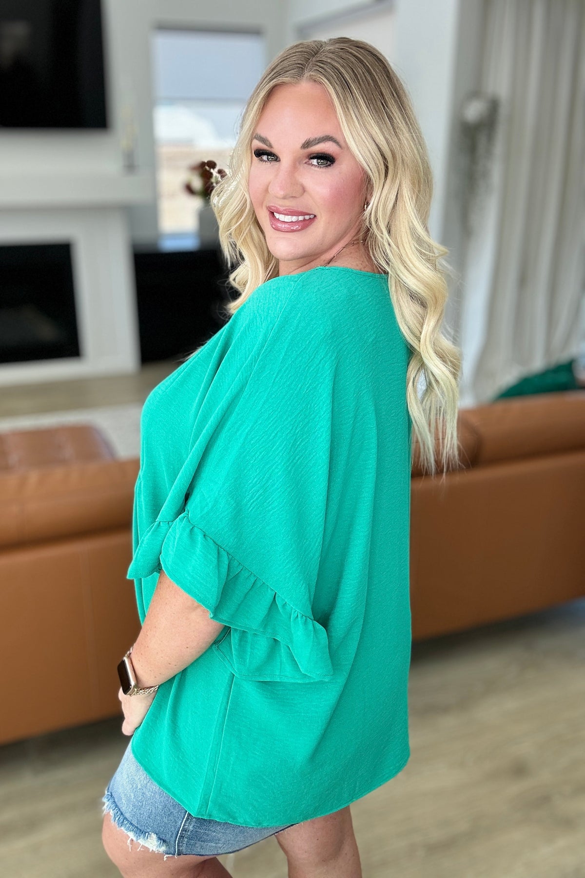 Airflow Peplum Ruffle Sleeve Top in Emerald - Mack and Mav Boutique 