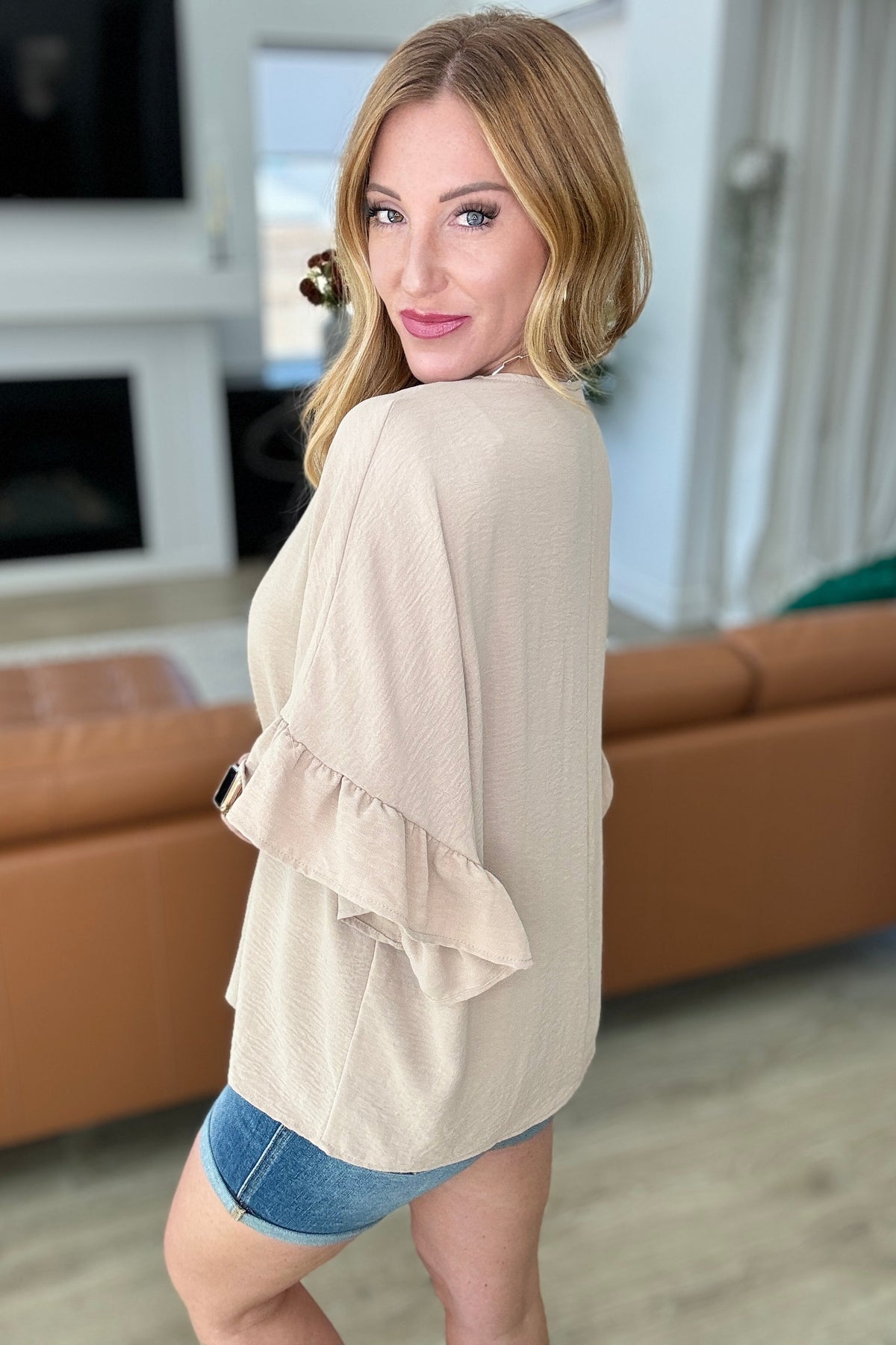 Airflow Peplum Ruffle Sleeve Top in Taupe - Mack and Mav Boutique 