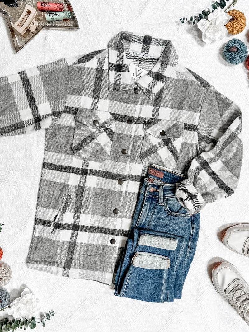 IN STOCK Norah Plaid Shacket - Classic Grey and White | Women's Shacket