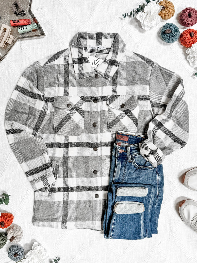 IN STOCK Norah Plaid Shacket - Classic Grey and White | Women's Shacket