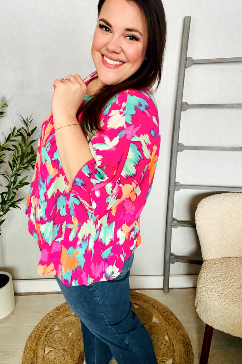 Vacay Vibes Fuchsia Smocked Sleeve Round Neck Dolman Top