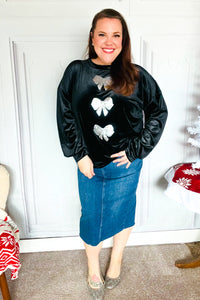 Home For The Holiday Silver Sequin Bow Velvet Pullover Top