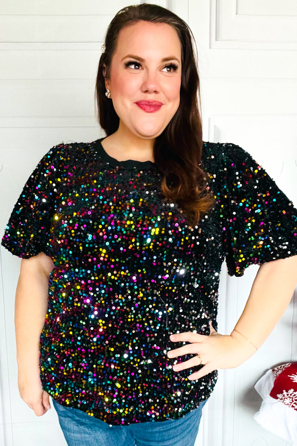 Holiday Ready Black Velvet Multicolor Sequin Puff Sleeve Top