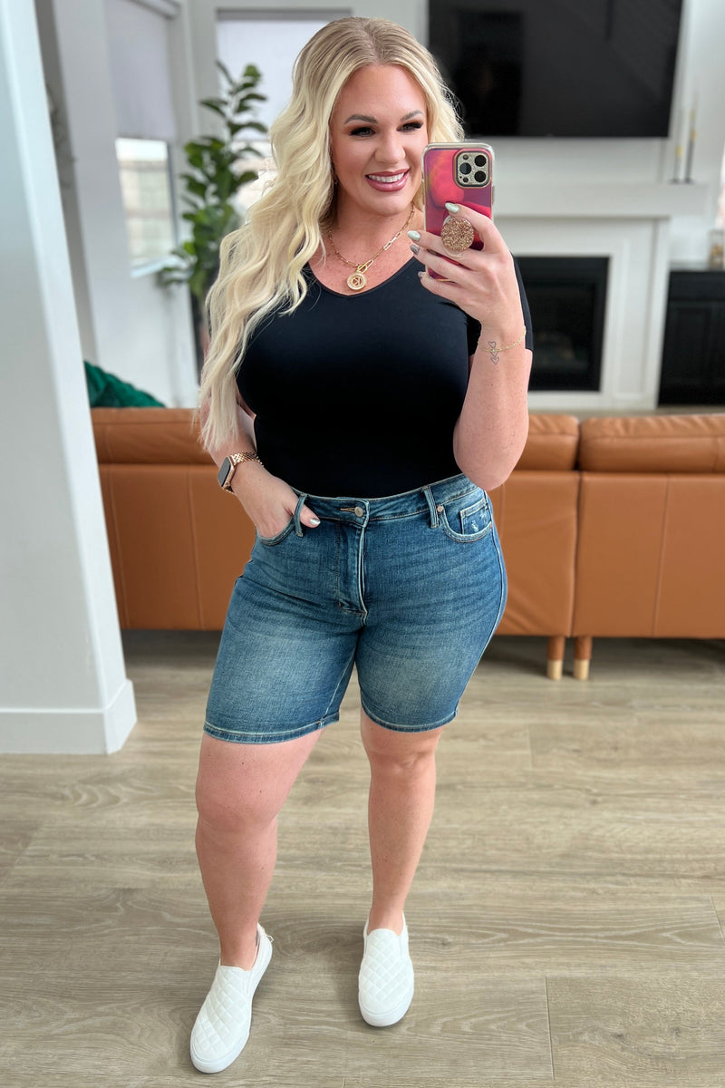 Jessica High Rise Control Top Vintage Wash Cuffed Shorts - Mack and Mav Boutique 