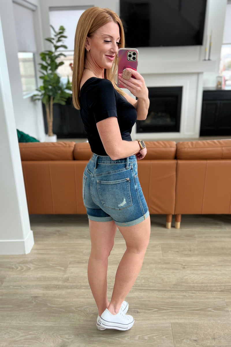 Jessica High Rise Control Top Vintage Wash Cuffed Shorts - Mack and Mav Boutique 