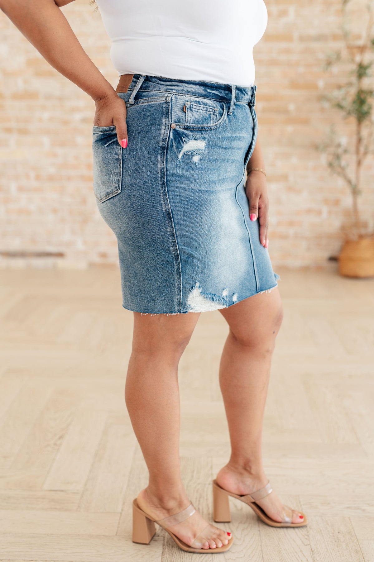 Carol High Rise Rigid Magic Denim Skirt - Mack and Mav Boutique 