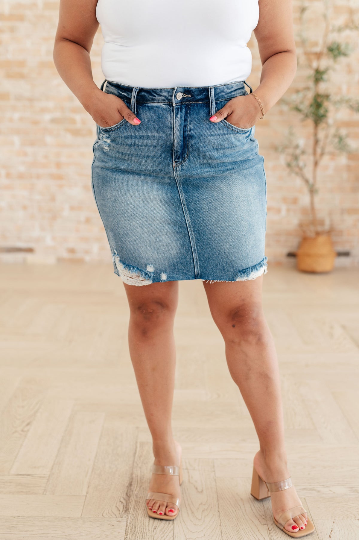 Carol High Rise Rigid Magic Denim Skirt - Mack and Mav Boutique 