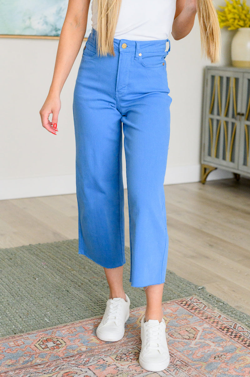 Lisa High Rise Control Top Wide Leg Crop Jeans in Sky Blue - Mack and Mav Boutique 