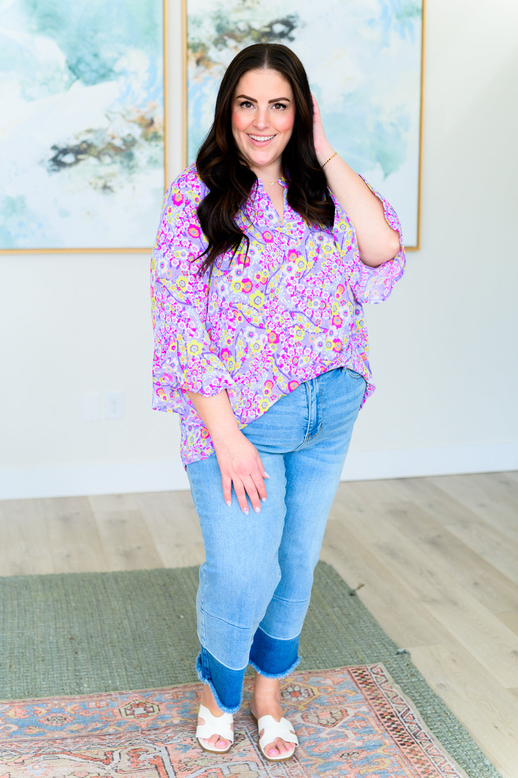 Lizzy Bell Sleeve Top in Lavender Retro Ditsy Floral - Mack and Mav Boutique 