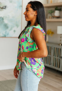 Lizzy Flutter Sleeve Top in Emerald and Purple Floral - Mack and Mav Boutique 