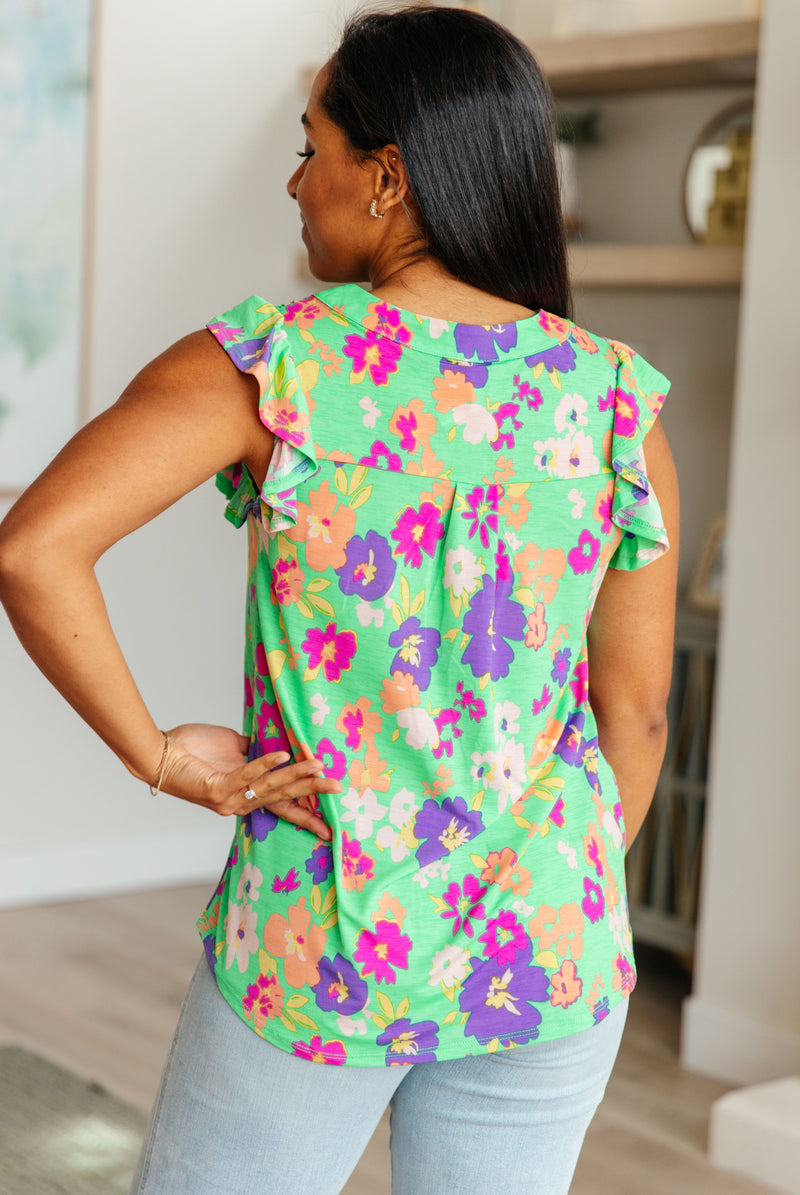 Lizzy Flutter Sleeve Top in Emerald and Purple Floral - Mack and Mav Boutique 
