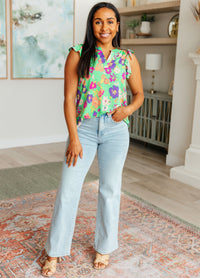 Lizzy Flutter Sleeve Top in Emerald and Purple Floral - Mack and Mav Boutique 