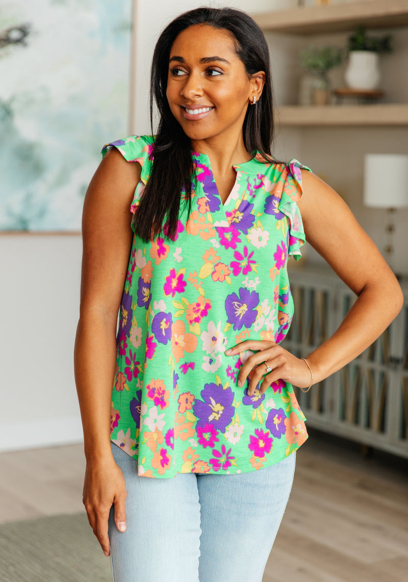 Lizzy Flutter Sleeve Top in Emerald and Purple Floral - Mack and Mav Boutique 