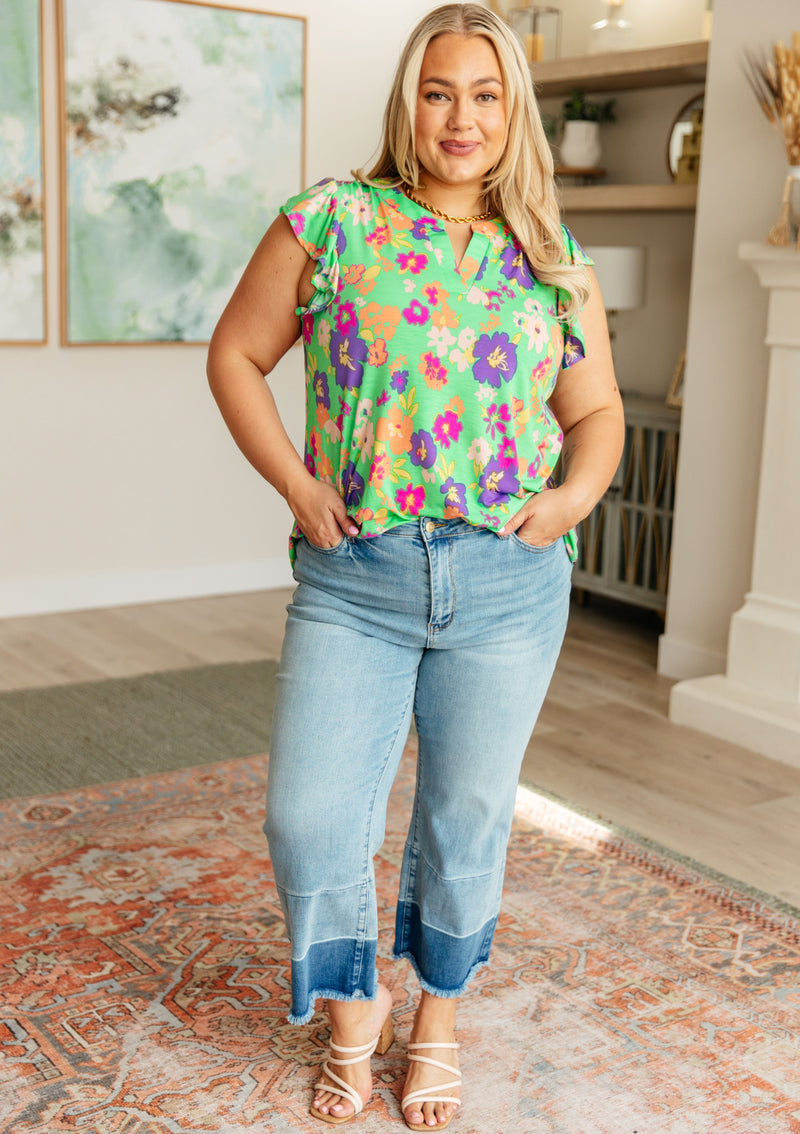 Lizzy Flutter Sleeve Top in Emerald and Purple Floral - Mack and Mav Boutique 