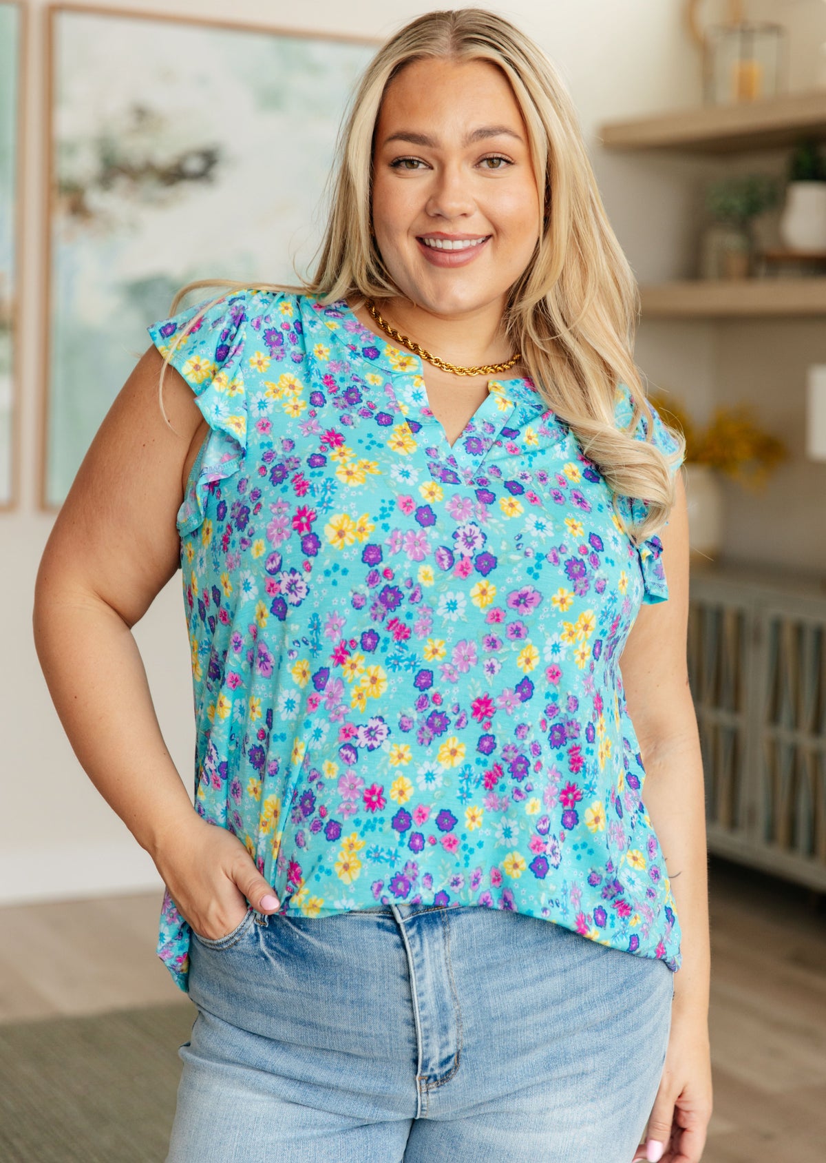 Lizzy Flutter Sleeve Top in Teal and Purple Floral - Mack and Mav Boutique 